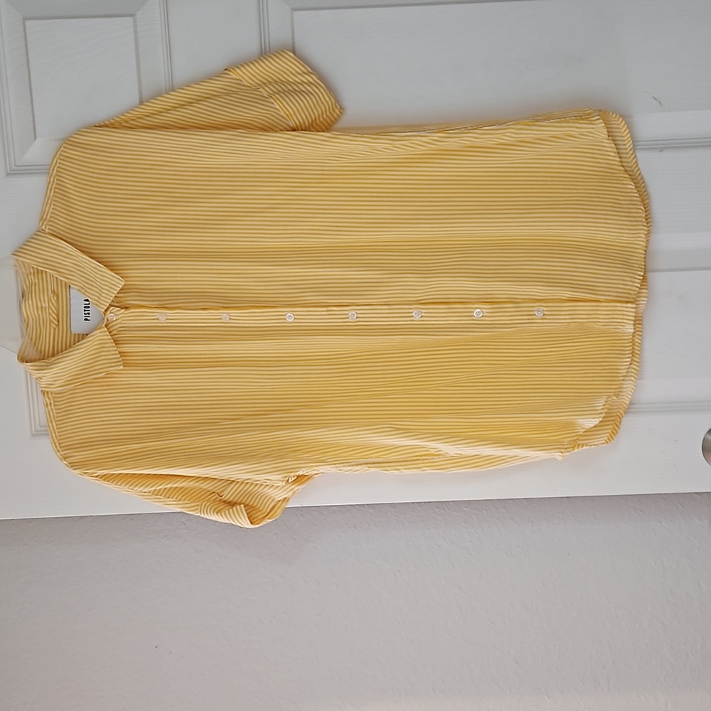 PISTOLA Button Blouse, Cuffed Sleeves, Yellow & White Stripes. Size L